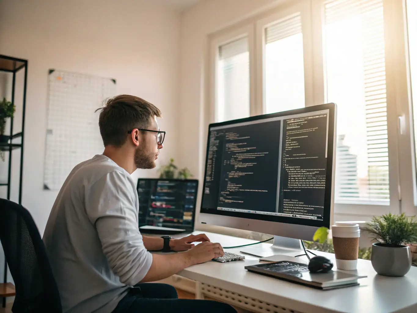A photo of a web developer working on a high-conversion landing page, with lines of code and design elements visible on the screen.